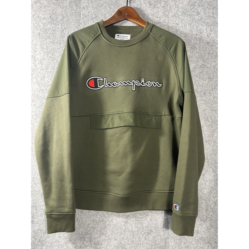 Champion Mixed Media Crewneck Sweatshirt Olive Green Hybrid Panel‎ Logo Men's M